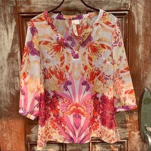 Adiva | Round Neck Semi Sheer 3/4 Sleeve Floral Pullover Blouse Top M